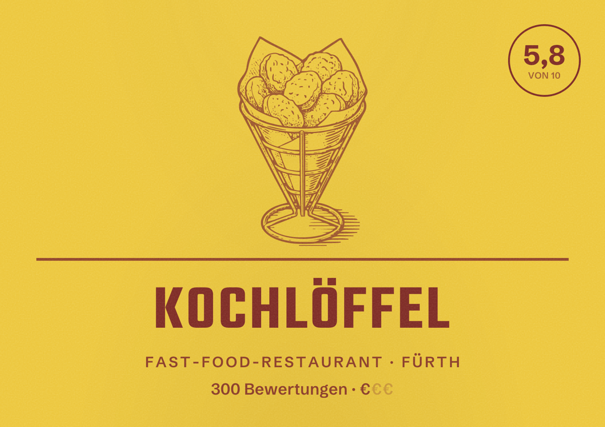 Illustriertes Poster von Kochlöffel, Fast-Food-Restaurant in Fürth: Bewertung 5,8 von 10 aus 300 Bewertungen, Preisniveau €