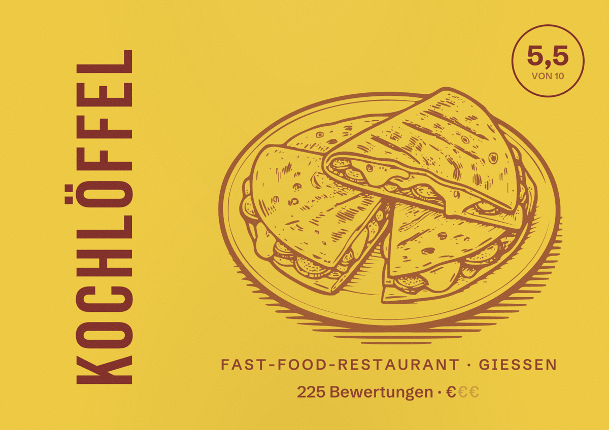 Illustriertes Poster von Kochlöffel, Fast-Food-Restaurant in Gießen: Bewertung 5,5 von 10 aus 225 Bewertungen, Preisniveau €