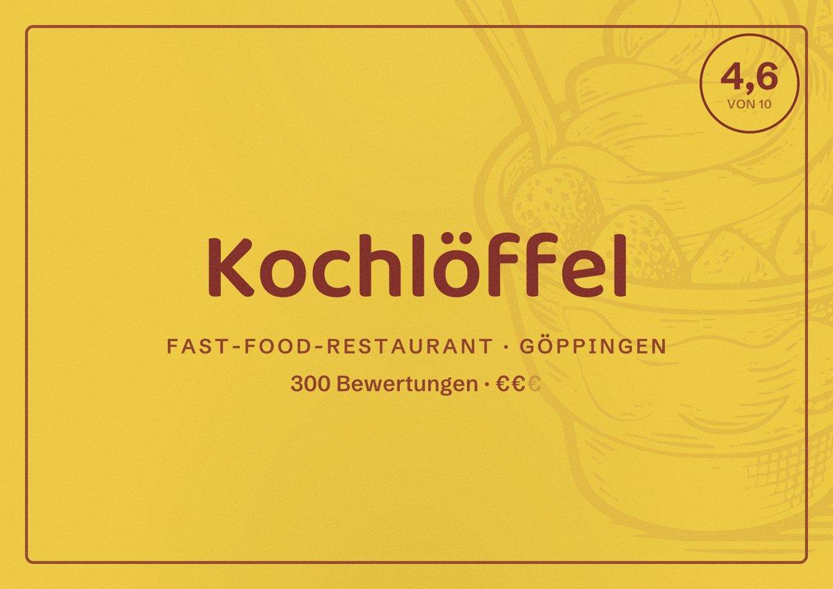 Illustriertes Poster von Kochlöffel, Fast-Food-Restaurant in Göppingen: Bewertung 4,6 von 10 aus 300 Bewertungen, Preisniveau €€