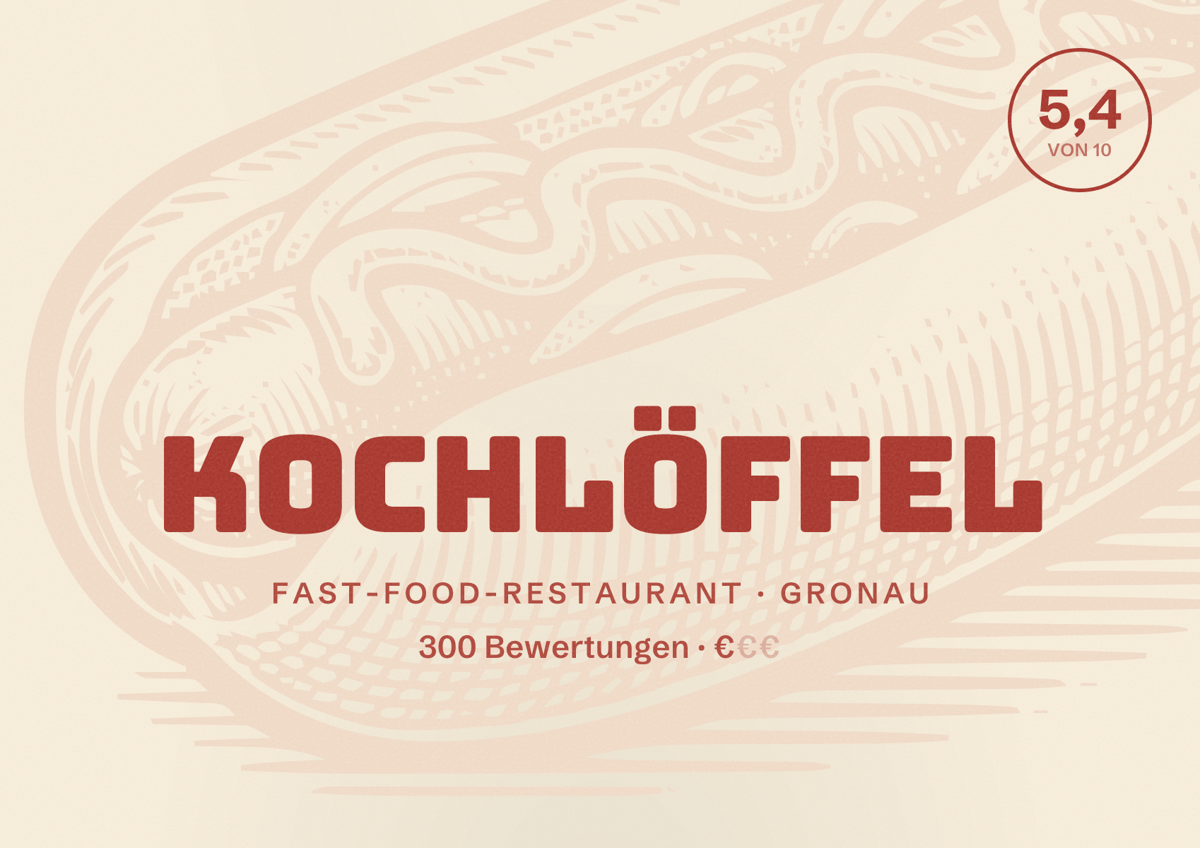 Illustriertes Poster von Kochlöffel, Fast-Food-Restaurant in Gronau: Bewertung 5,4 von 10 aus 300 Bewertungen, Preisniveau €