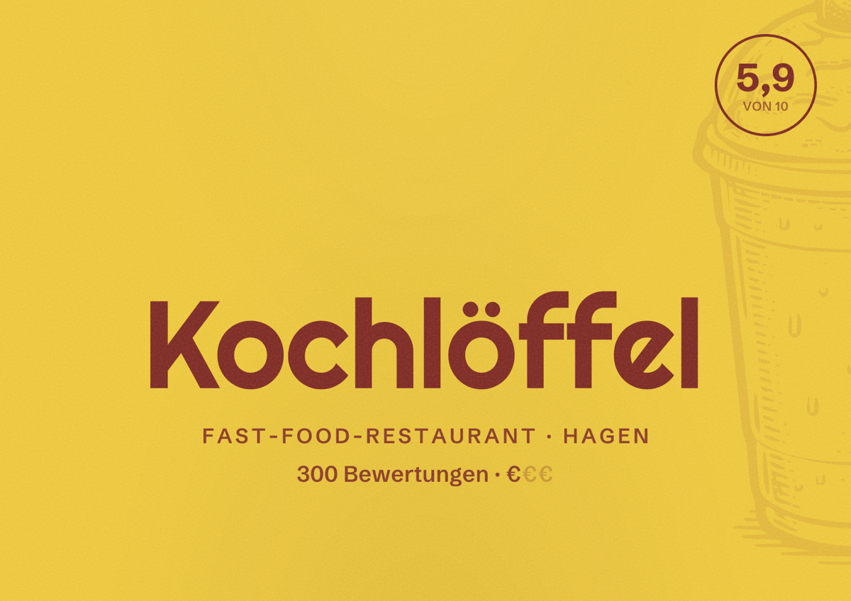 Illustriertes Poster von Kochlöffel, Fast-Food-Restaurant in Hagen: Bewertung 5,9 von 10 aus 300 Bewertungen, Preisniveau €