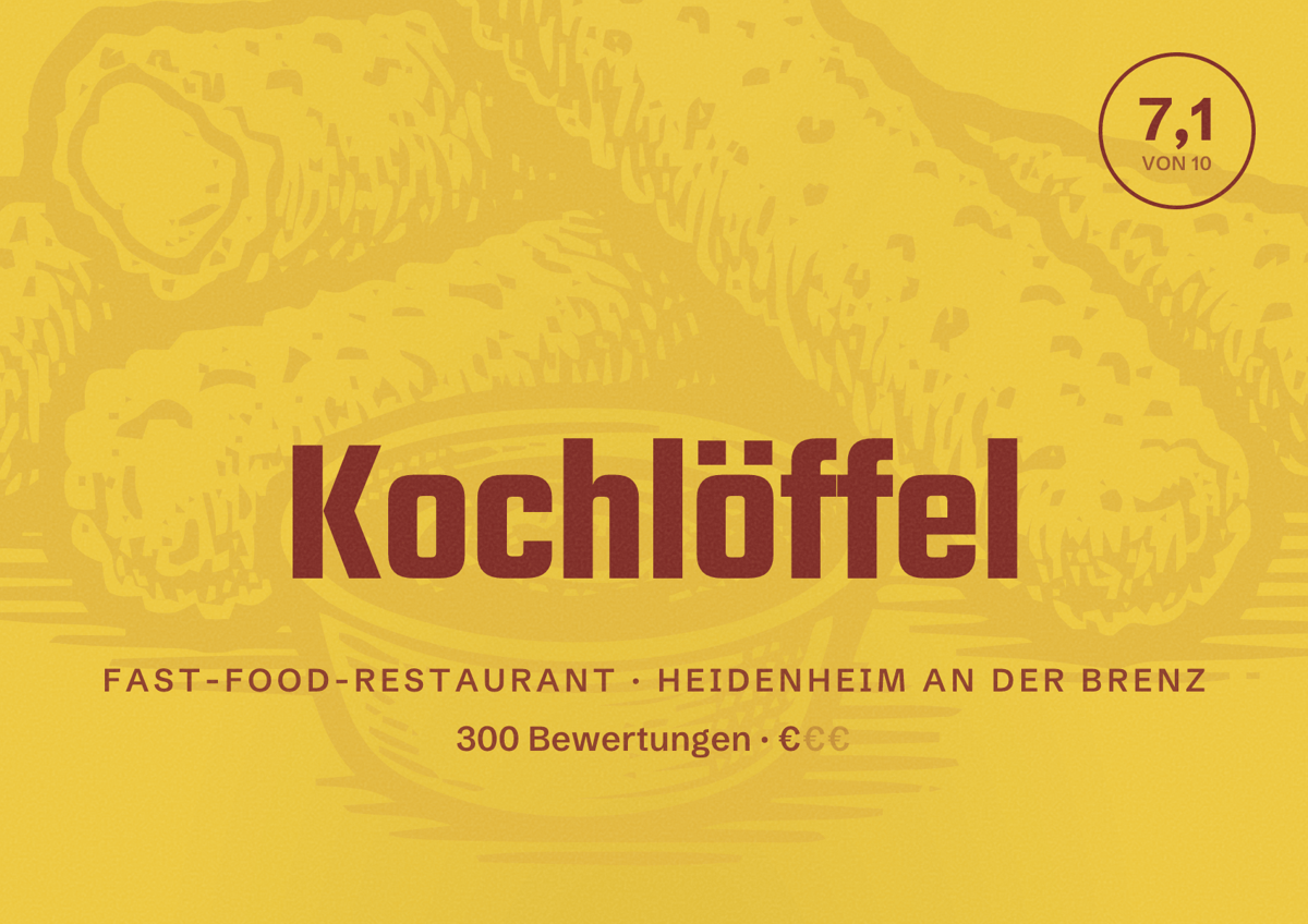 Illustriertes Poster von Kochlöffel, Fast-Food-Restaurant in Heidenheim an der Brenz: Bewertung 7,1 von 10 aus 300 Bewertungen, Preisniveau €