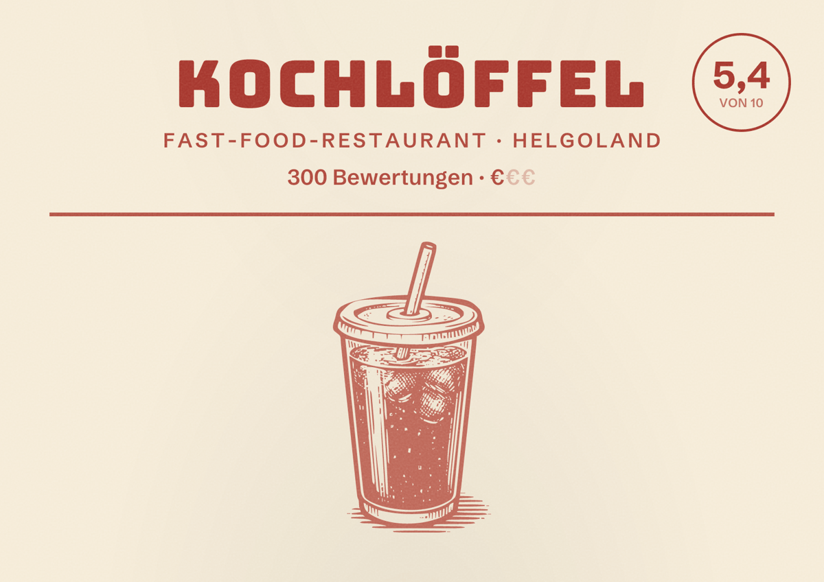 Illustriertes Poster von Kochlöffel, Fast-Food-Restaurant in Helgoland: Bewertung 5,4 von 10 aus 300 Bewertungen, Preisniveau €