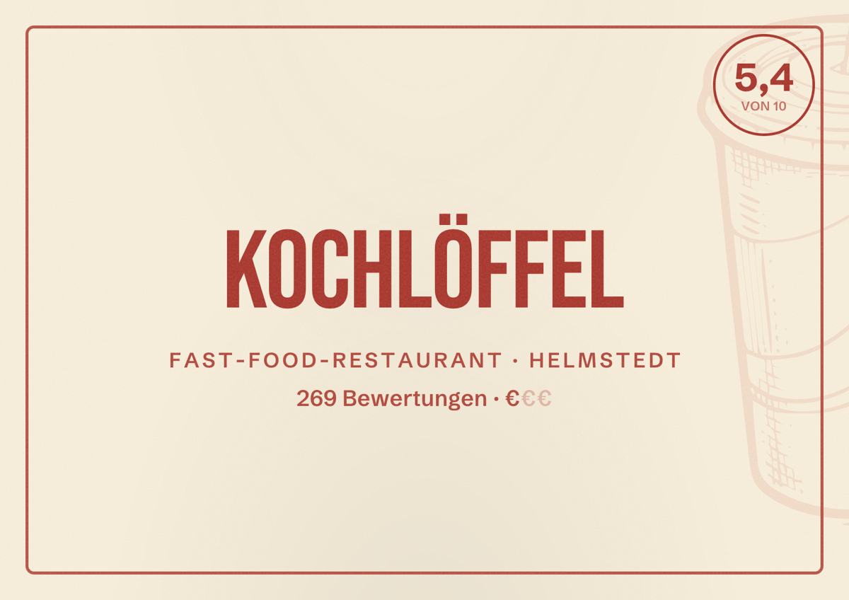 Illustriertes Poster von Kochlöffel, Fast-Food-Restaurant in Helmstedt: Bewertung 5,4 von 10 aus 269 Bewertungen, Preisniveau €