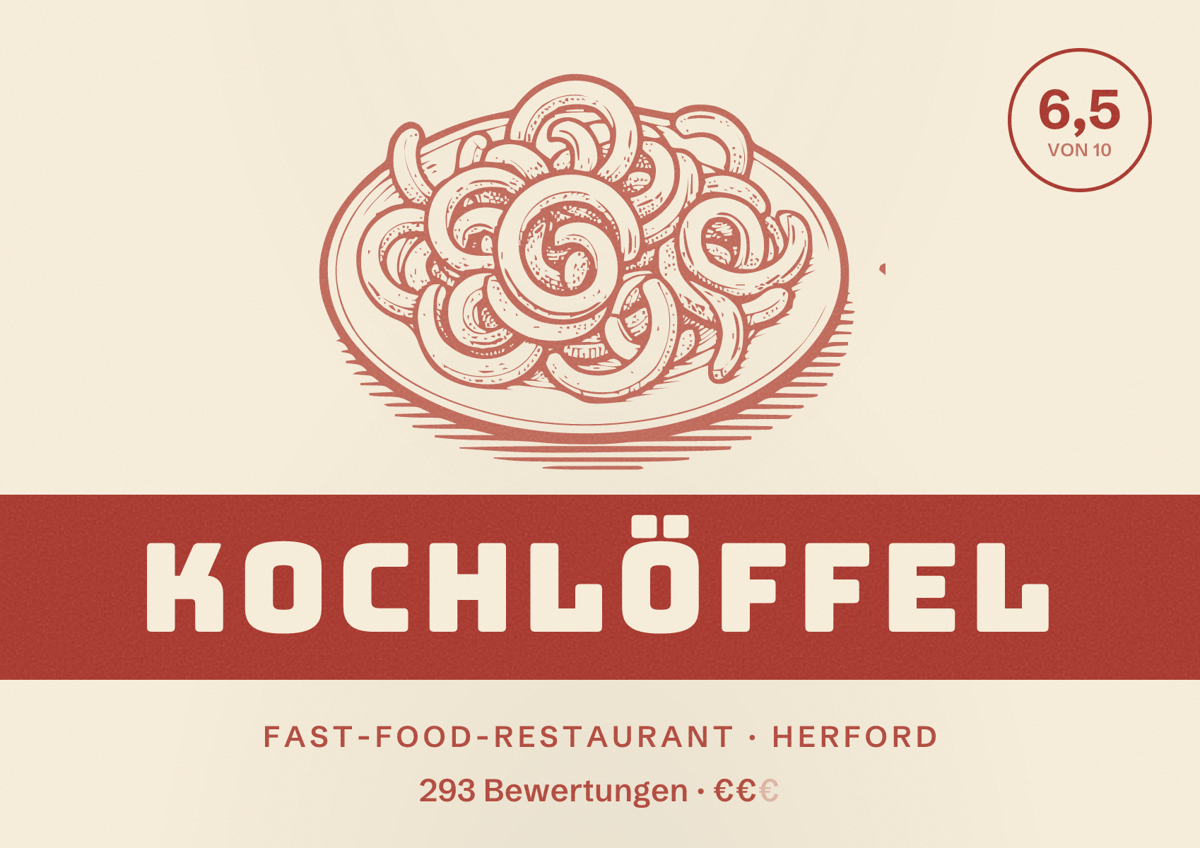 Illustriertes Poster von Kochlöffel, Fast-Food-Restaurant in Herford: Bewertung 6,5 von 10 aus 293 Bewertungen, Preisniveau €€
