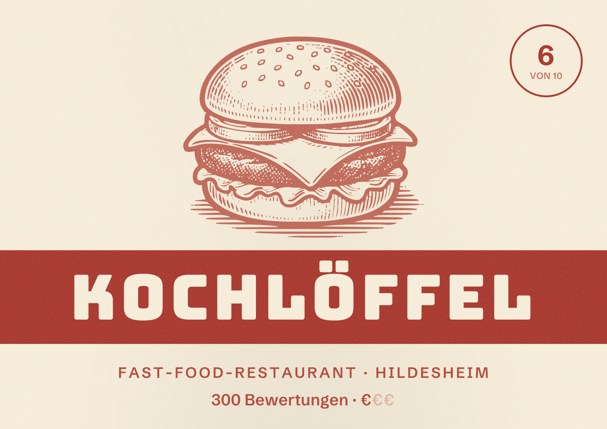 Illustriertes Poster von Kochlöffel, Fast-Food-Restaurant in Hildesheim: Bewertung 6 von 10 aus 300 Bewertungen, Preisniveau €
