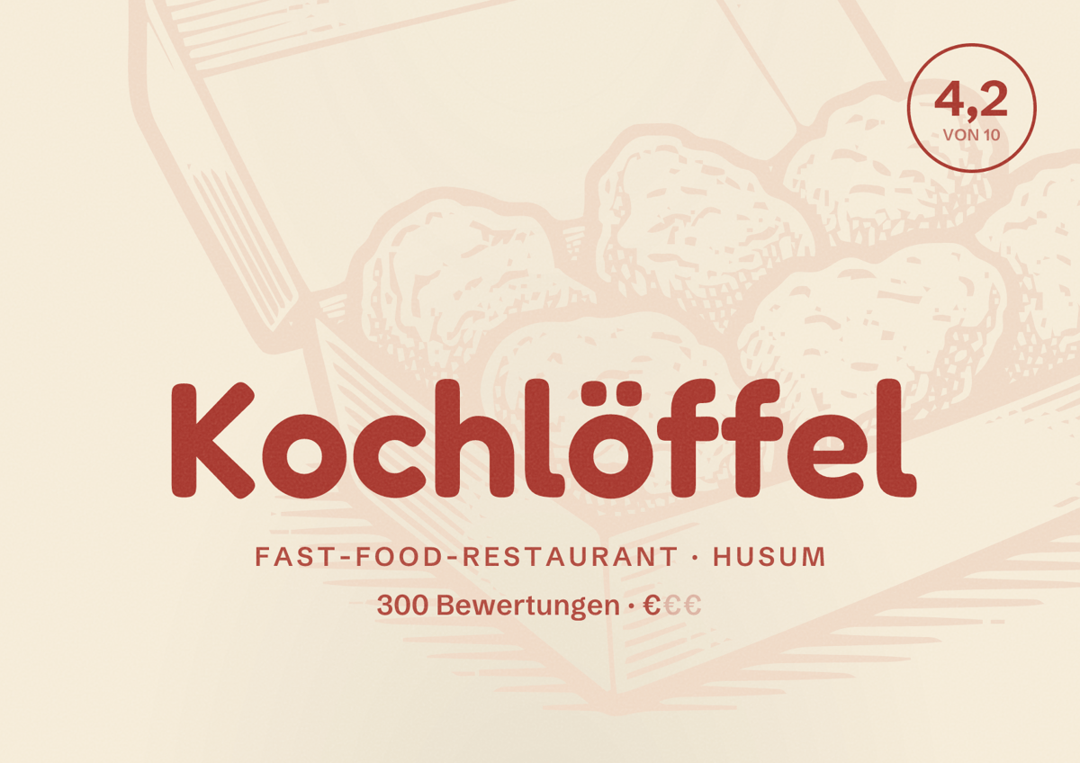 Illustriertes Poster von Kochlöffel, Fast-Food-Restaurant in Husum: Bewertung 4,2 von 10 aus 300 Bewertungen, Preisniveau €