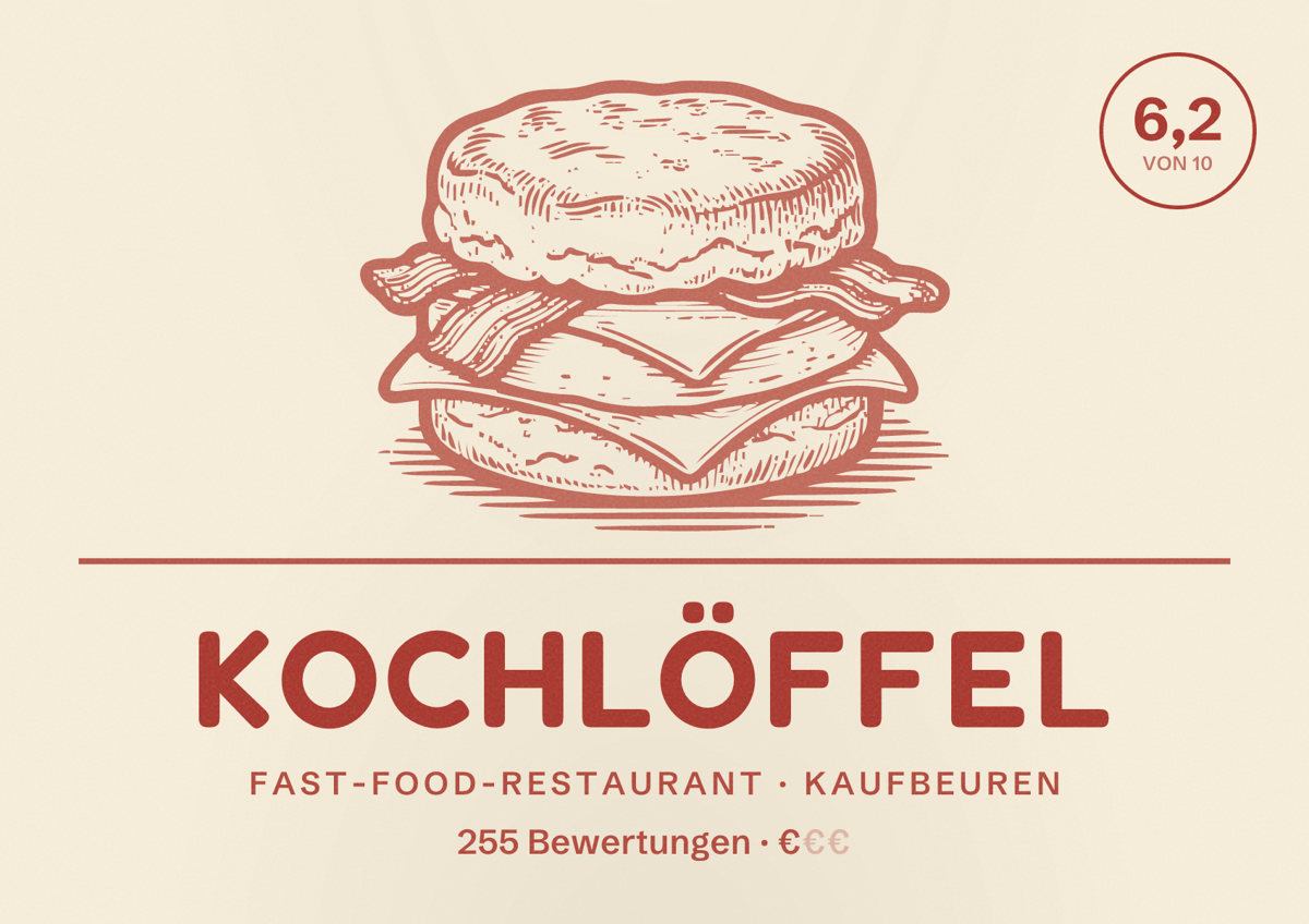 Illustriertes Poster von Kochlöffel, Fast-Food-Restaurant in Kaufbeuren: Bewertung 6,2 von 10 aus 255 Bewertungen, Preisniveau €