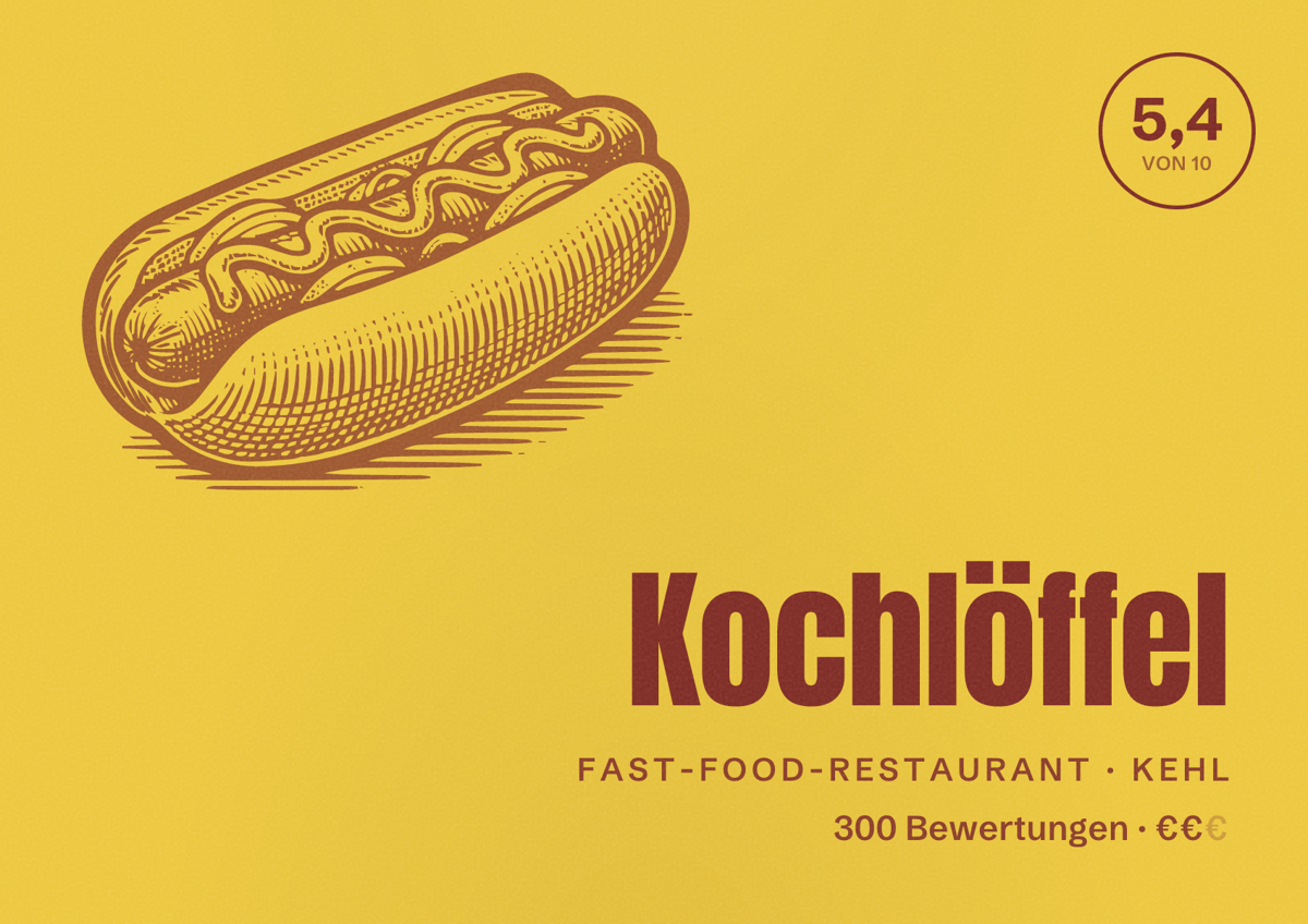 Illustriertes Poster von Kochlöffel, Fast-Food-Restaurant in Kehl: Bewertung 5,4 von 10 aus 300 Bewertungen, Preisniveau €€