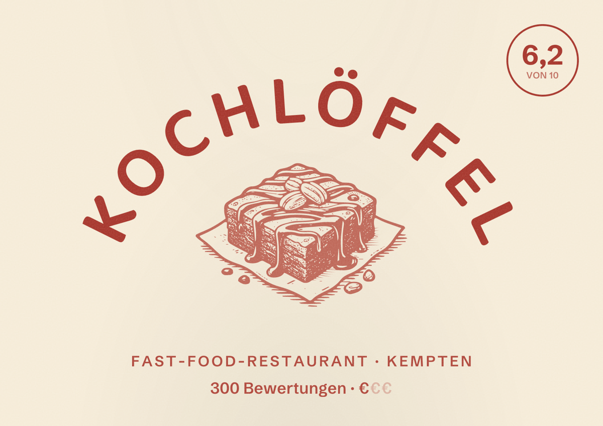 Illustriertes Poster von Kochlöffel, Fast-Food-Restaurant in Kempten: Bewertung 6,2 von 10 aus 300 Bewertungen, Preisniveau €