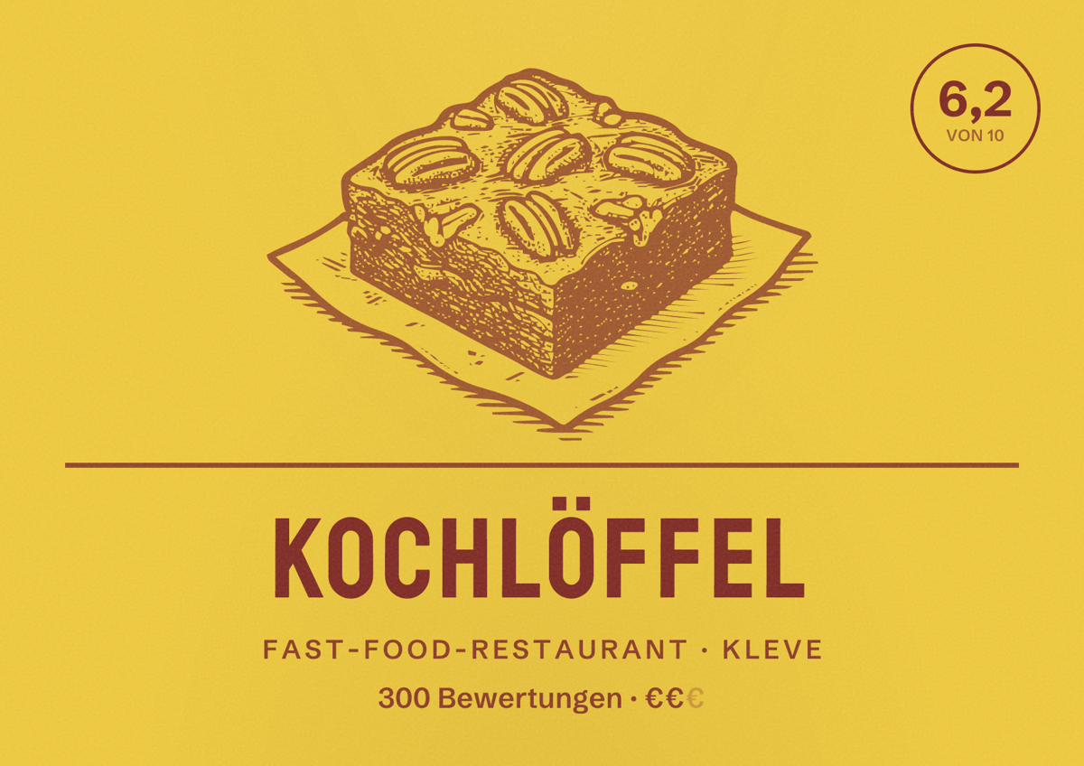 Illustriertes Poster von Kochlöffel, Fast-Food-Restaurant in Kleve: Bewertung 6,2 von 10 aus 300 Bewertungen, Preisniveau €€