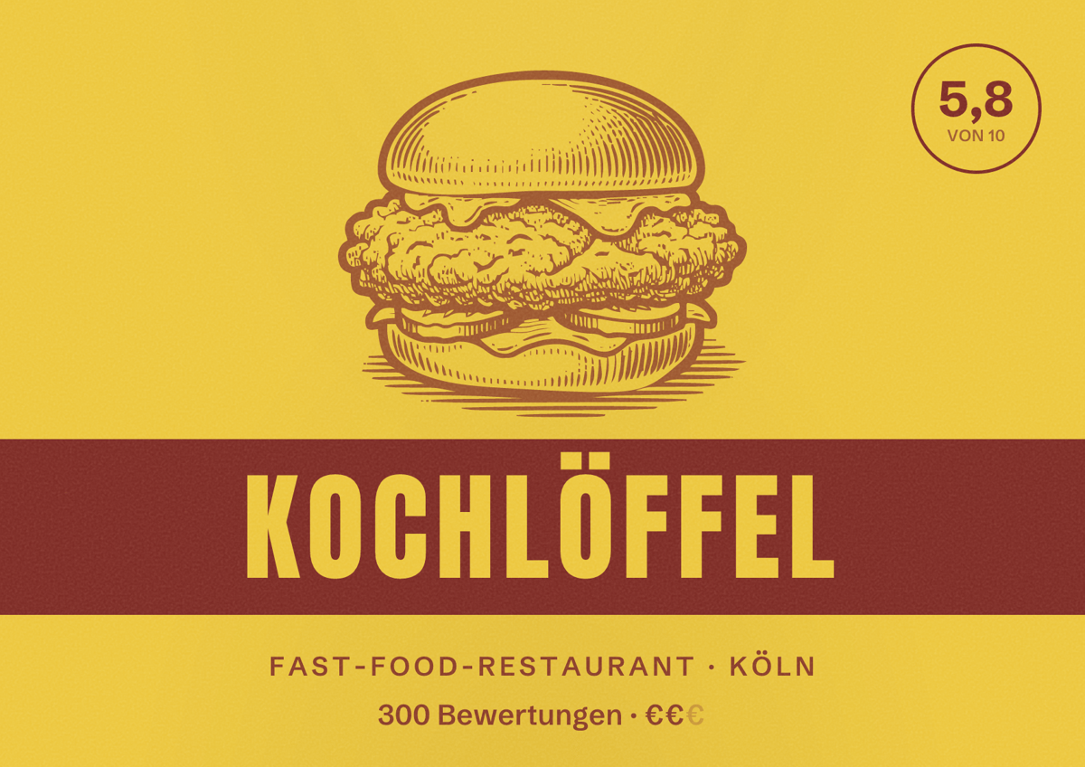 Illustriertes Poster von Kochlöffel, Fast-Food-Restaurant in Köln: Bewertung 5,8 von 10 aus 300 Bewertungen, Preisniveau €€