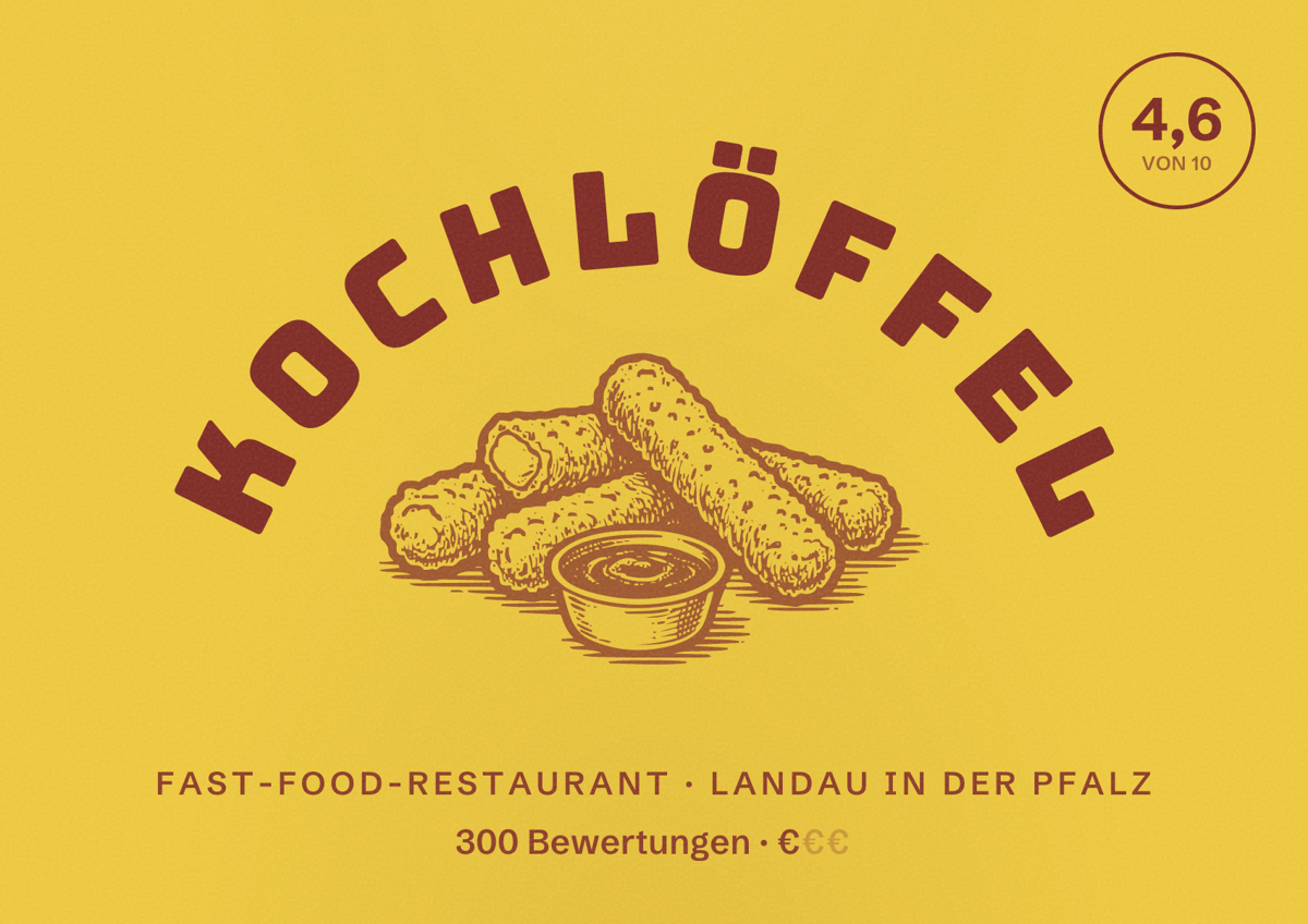 Illustriertes Poster von Kochlöffel, Fast-Food-Restaurant in Landau in der Pfalz: Bewertung 4,6 von 10 aus 300 Bewertungen, Preisniveau €
