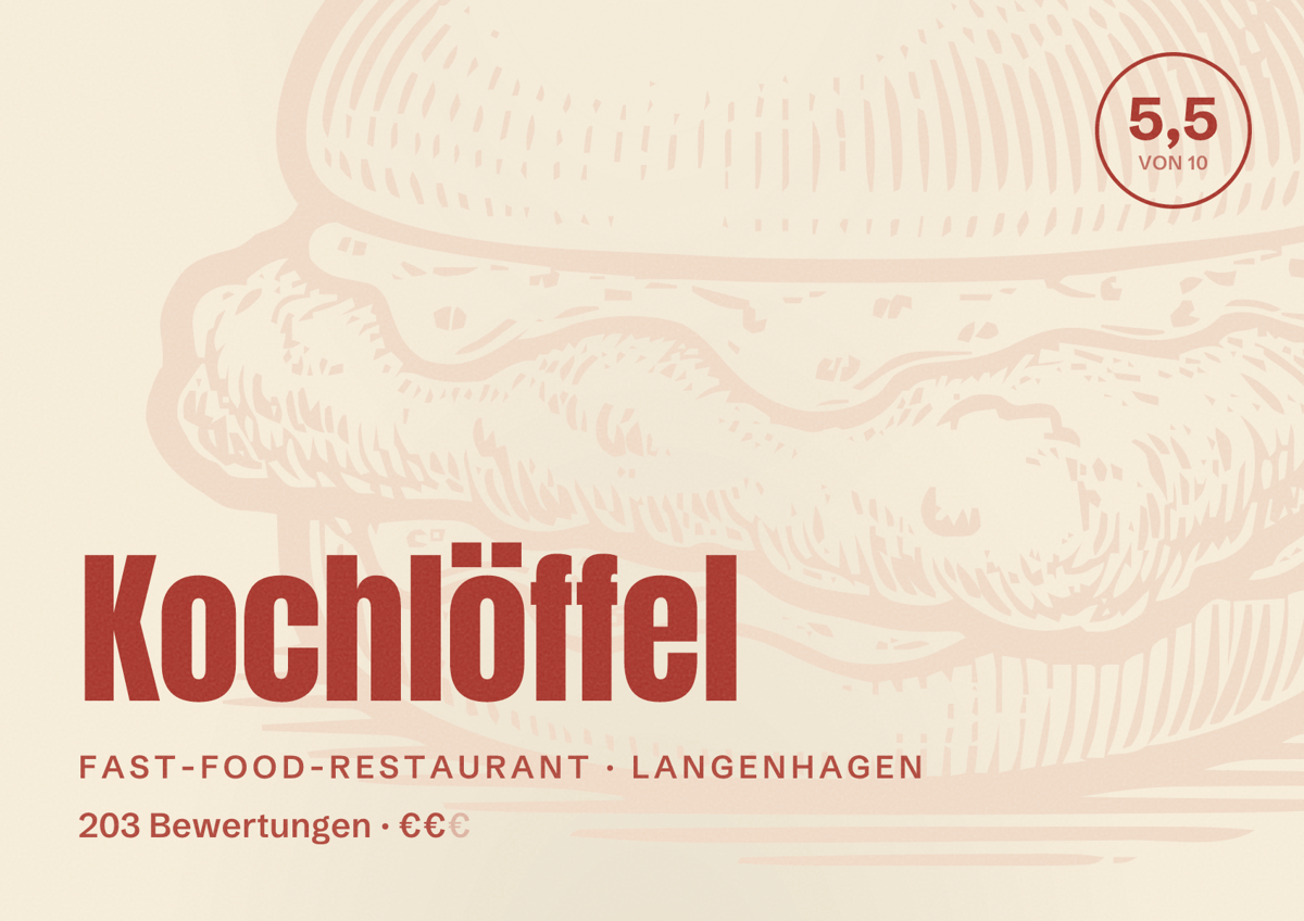 Illustriertes Poster von Kochlöffel, Fast-Food-Restaurant in Langenhagen: Bewertung 5,5 von 10 aus 203 Bewertungen, Preisniveau €€