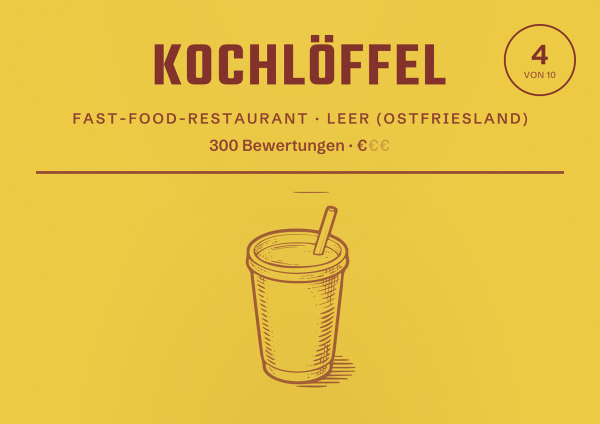 Illustriertes Poster von Kochlöffel, Fast-Food-Restaurant in Leer (Ostfriesland): Bewertung 4 von 10 aus 300 Bewertungen, Preisniveau €