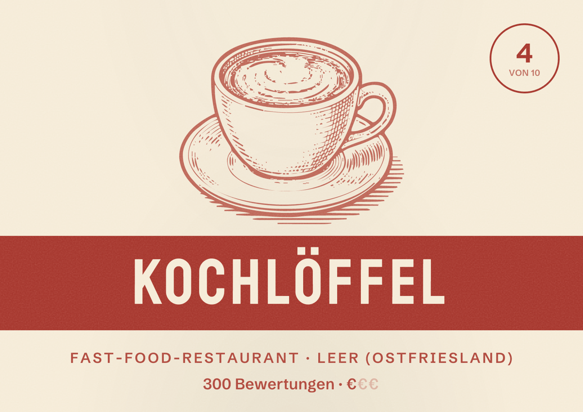 Illustriertes Poster von Kochlöffel, Fast-Food-Restaurant in Leer (Ostfriesland): Bewertung 4 von 10 aus 300 Bewertungen, Preisniveau €