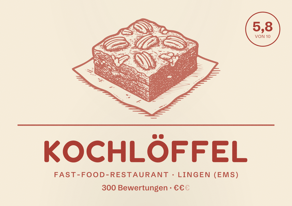 Illustriertes Poster von Kochlöffel, Fast-Food-Restaurant in Lingen (Ems): Bewertung 5,8 von 10 aus 300 Bewertungen, Preisniveau €€