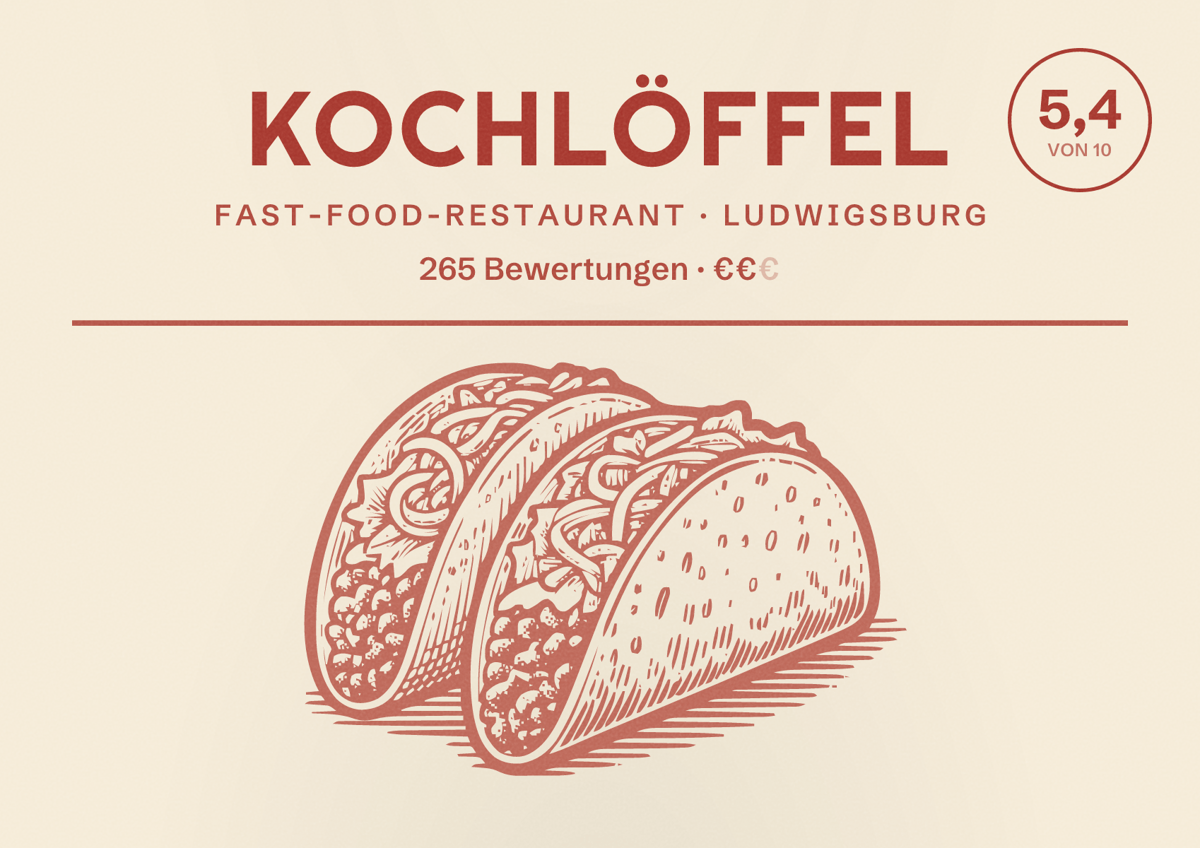 Illustriertes Poster von Kochlöffel, Fast-Food-Restaurant in Ludwigsburg: Bewertung 5,4 von 10 aus 265 Bewertungen, Preisniveau €€