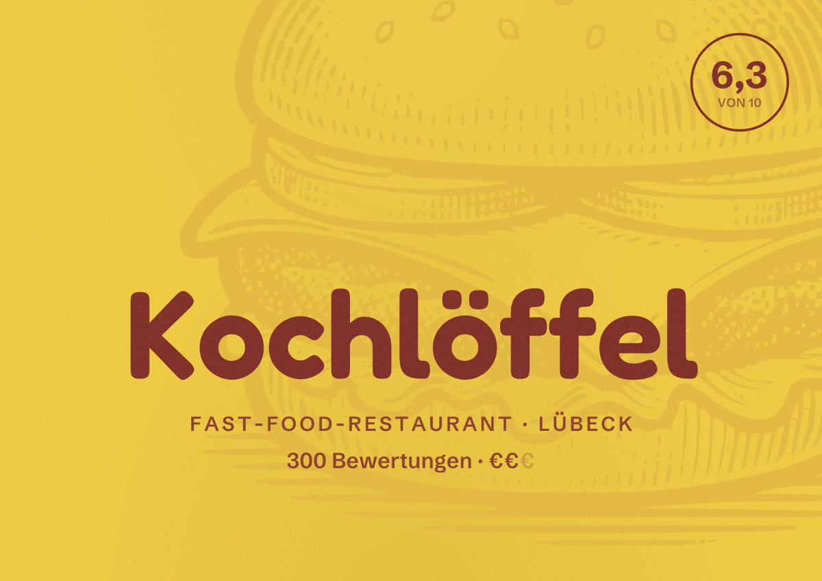 Illustriertes Poster von Kochlöffel, Fast-Food-Restaurant in Lübeck: Bewertung 6,3 von 10 aus 300 Bewertungen, Preisniveau €€