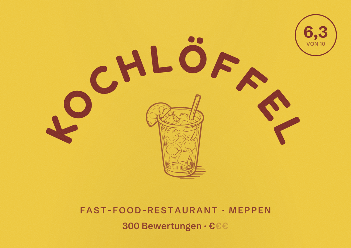 Illustriertes Poster von Kochlöffel, Fast-Food-Restaurant in Meppen: Bewertung 6,3 von 10 aus 300 Bewertungen, Preisniveau €
