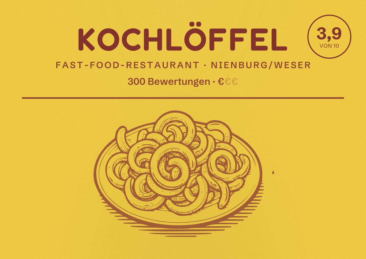 Illustriertes Poster von Kochlöffel, Fast-Food-Restaurant in Nienburg/Weser: Bewertung 3,9 von 10 aus 300 Bewertungen, Preisniveau €