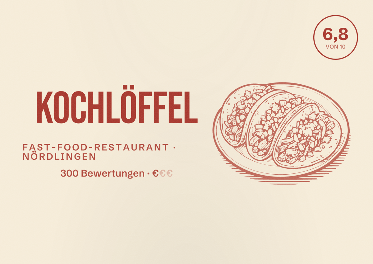 Illustriertes Poster von Kochlöffel, Fast-Food-Restaurant in Nördlingen: Bewertung 6,8 von 10 aus 300 Bewertungen, Preisniveau €