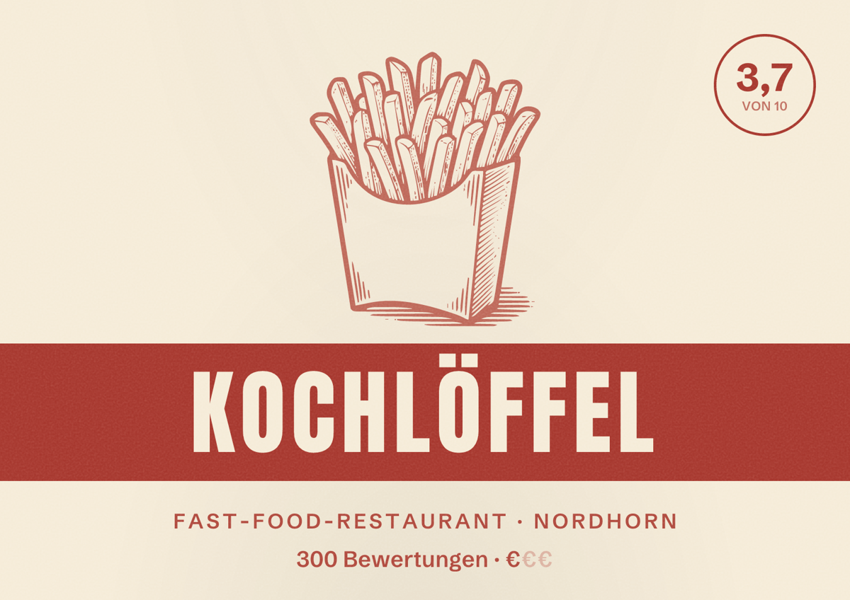 Illustriertes Poster von Kochlöffel, Fast-Food-Restaurant in Nordhorn: Bewertung 3,7 von 10 aus 300 Bewertungen, Preisniveau €