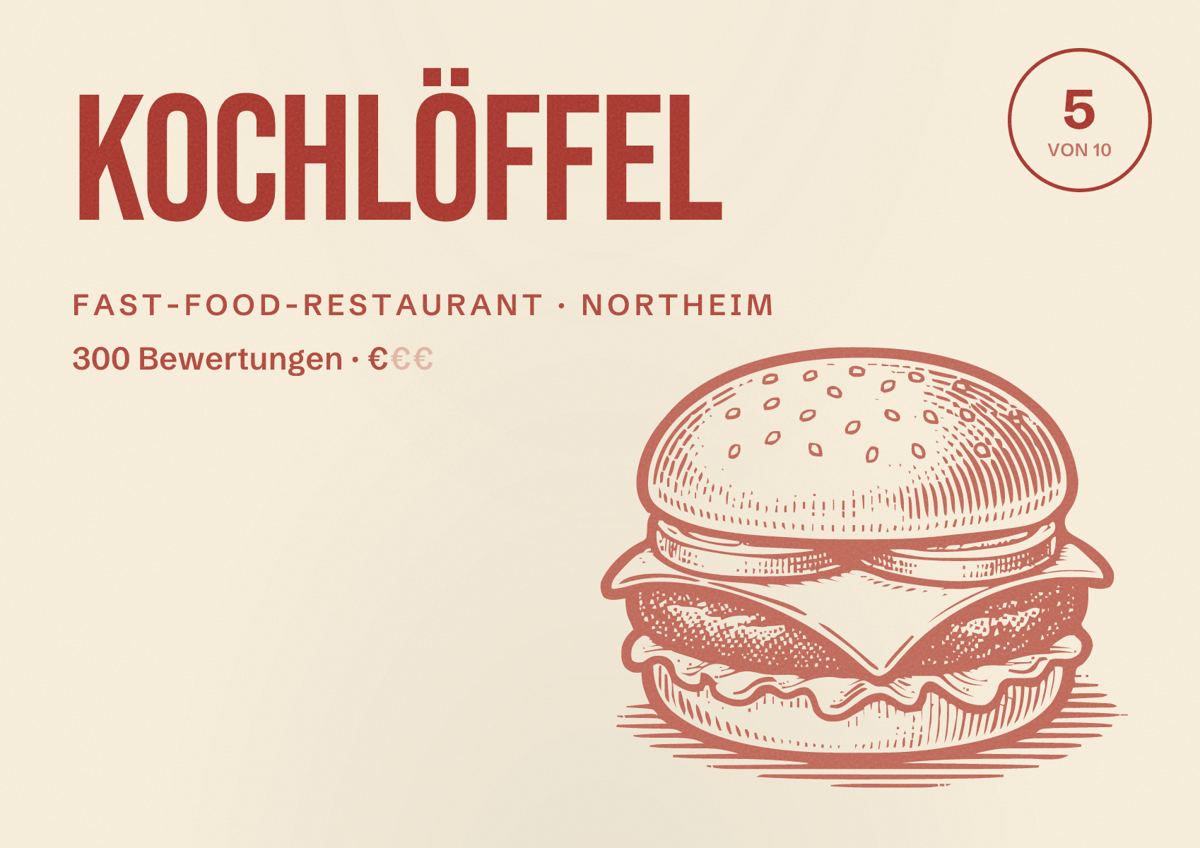 Illustriertes Poster von Kochlöffel, Fast-Food-Restaurant in Northeim: Bewertung 5 von 10 aus 300 Bewertungen, Preisniveau €