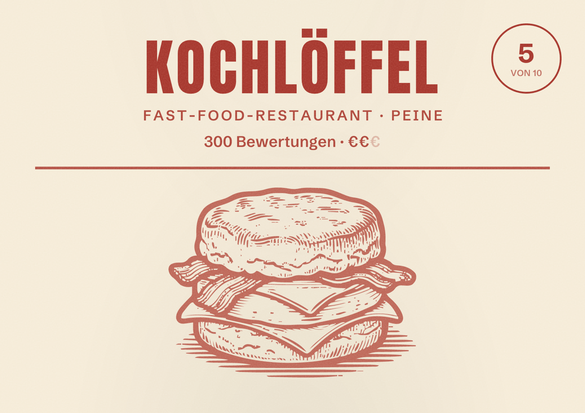 Illustriertes Poster von Kochlöffel, Fast-Food-Restaurant in Peine: Bewertung 5 von 10 aus 300 Bewertungen, Preisniveau €€