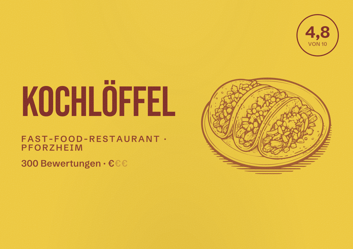 Illustriertes Poster von Kochlöffel, Fast-Food-Restaurant in Pforzheim: Bewertung 4,8 von 10 aus 300 Bewertungen, Preisniveau €