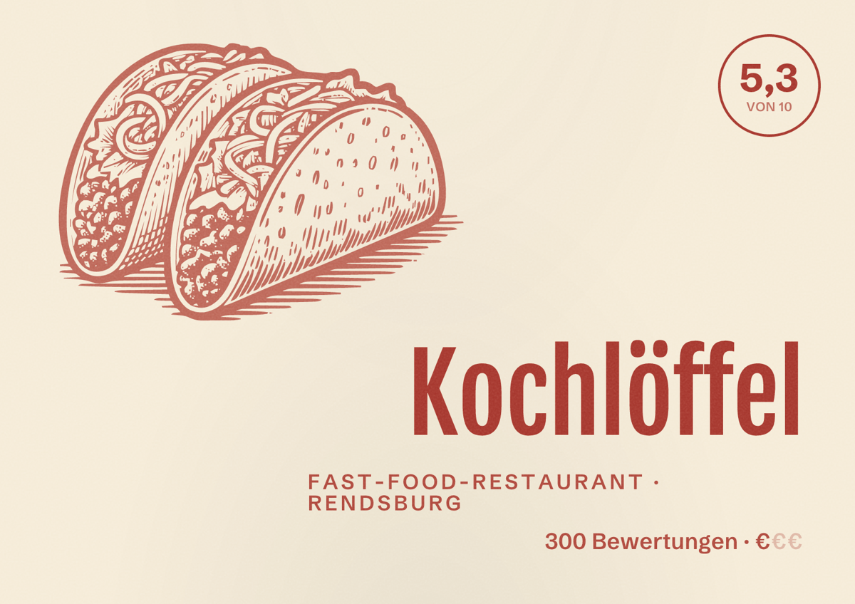 Illustriertes Poster von Kochlöffel, Fast-Food-Restaurant in Rendsburg: Bewertung 5,3 von 10 aus 300 Bewertungen, Preisniveau €