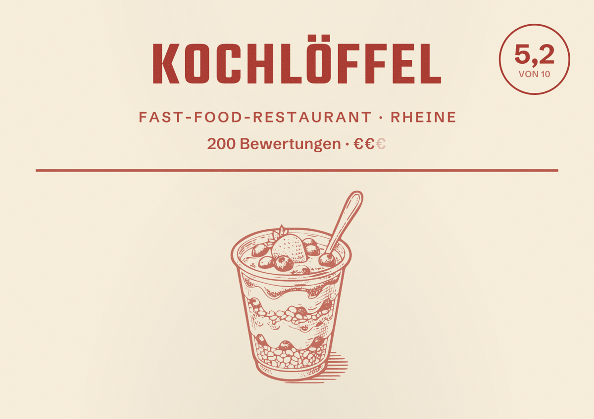 Illustriertes Poster von Kochlöffel, Fast-Food-Restaurant in Rheine: Bewertung 5,2 von 10 aus 200 Bewertungen, Preisniveau €€