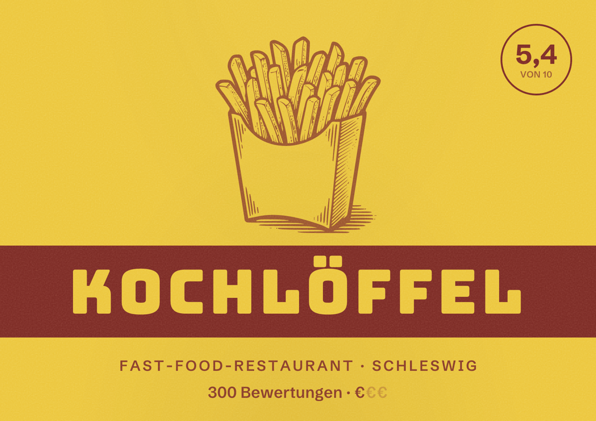 Illustriertes Poster von Kochlöffel, Fast-Food-Restaurant in Schleswig: Bewertung 5,4 von 10 aus 300 Bewertungen, Preisniveau €