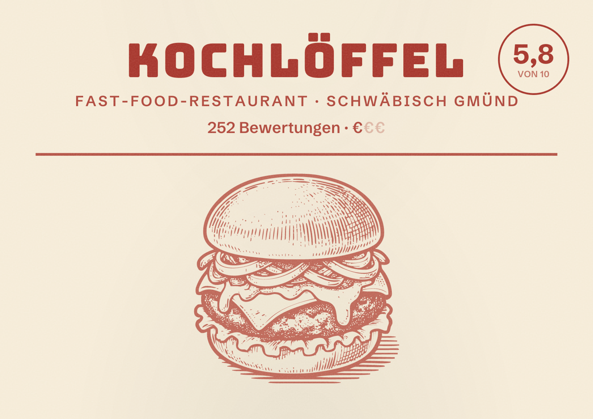 Illustriertes Poster von Kochlöffel, Fast-Food-Restaurant in Schwäbisch Gmünd: Bewertung 5,8 von 10 aus 252 Bewertungen, Preisniveau €