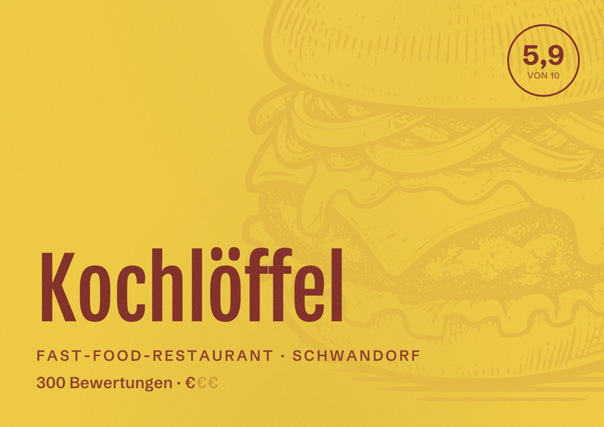 Illustriertes Poster von Kochlöffel, Fast-Food-Restaurant in Schwandorf: Bewertung 5,9 von 10 aus 300 Bewertungen, Preisniveau €