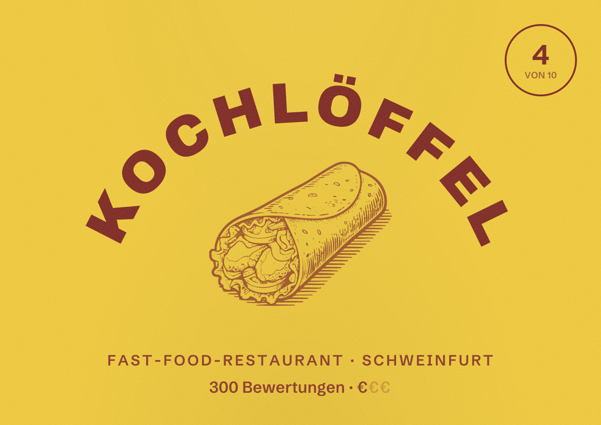 Illustriertes Poster von Kochlöffel, Fast-Food-Restaurant in Schweinfurt: Bewertung 4 von 10 aus 300 Bewertungen, Preisniveau €