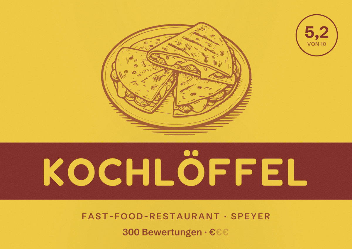 Illustriertes Poster von Kochlöffel, Fast-Food-Restaurant in Speyer: Bewertung 5,2 von 10 aus 300 Bewertungen, Preisniveau €