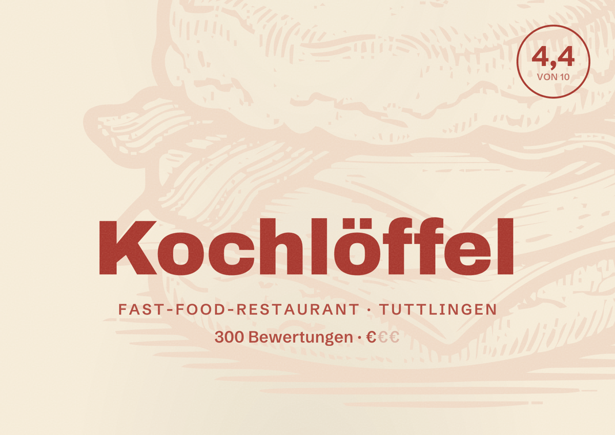 Illustriertes Poster von Kochlöffel, Fast-Food-Restaurant in Tuttlingen: Bewertung 4,4 von 10 aus 300 Bewertungen, Preisniveau €