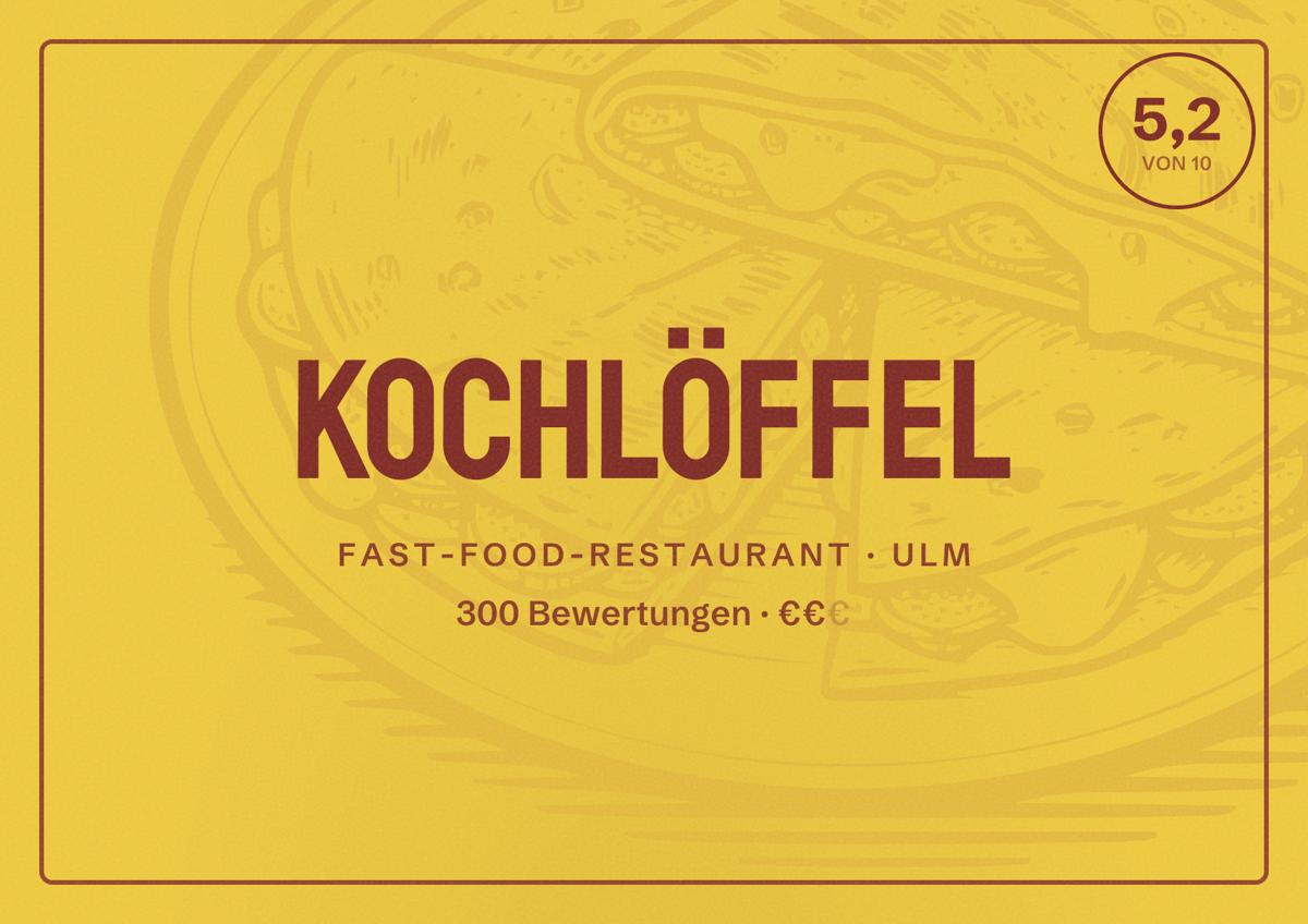 Illustriertes Poster von Kochlöffel, Fast-Food-Restaurant in Ulm: Bewertung 5,2 von 10 aus 300 Bewertungen, Preisniveau €€