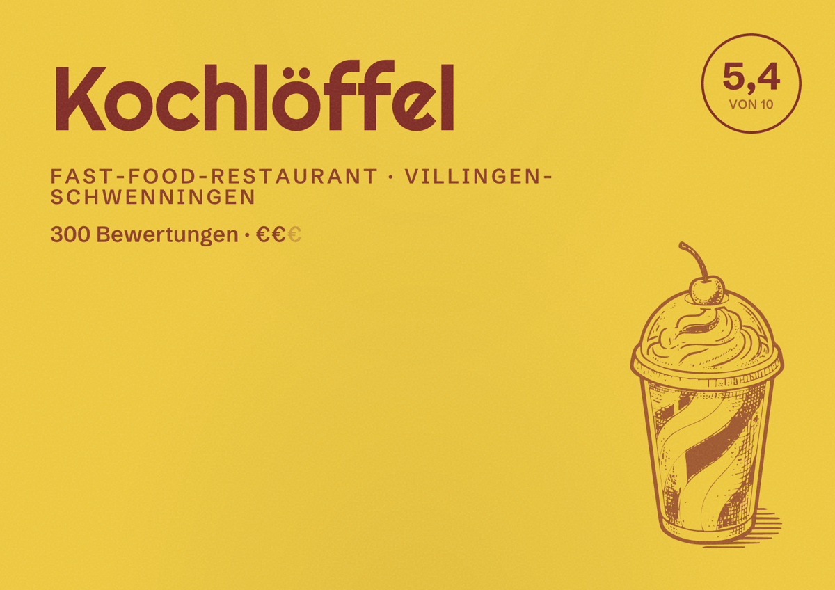 Illustriertes Poster von Kochlöffel, Fast-Food-Restaurant in Villingen-Schwenningen: Bewertung 5,4 von 10 aus 300 Bewertungen, Preisniveau €€