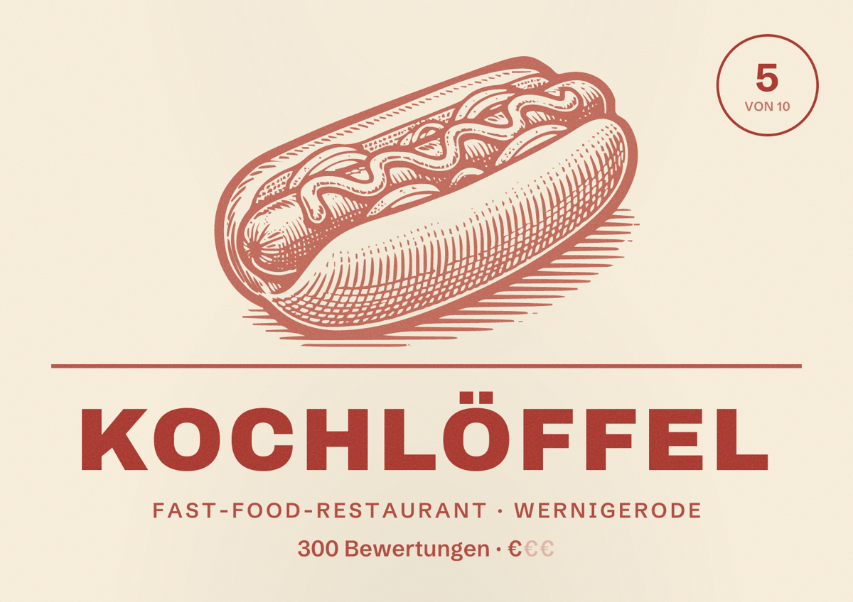 Illustriertes Poster von Kochlöffel, Fast-Food-Restaurant in Wernigerode: Bewertung 5 von 10 aus 300 Bewertungen, Preisniveau €
