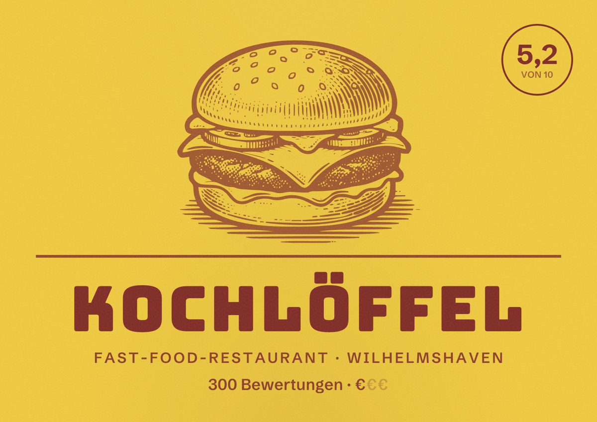 Illustriertes Poster von Kochlöffel, Fast-Food-Restaurant in Wilhelmshaven: Bewertung 5,2 von 10 aus 300 Bewertungen, Preisniveau €