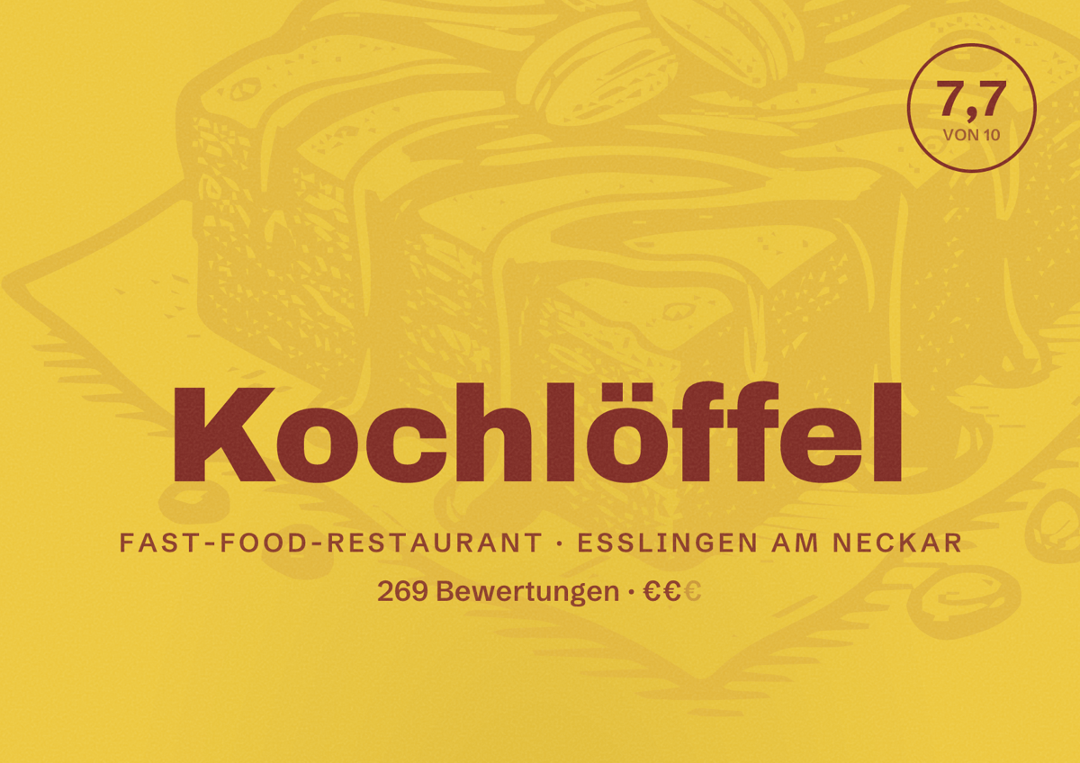 Illustriertes Poster von Kochlöffel, Fast-Food-Restaurant in Esslingen am Neckar: Bewertung 7,7 von 10 aus 269 Bewertungen, Preisniveau €€