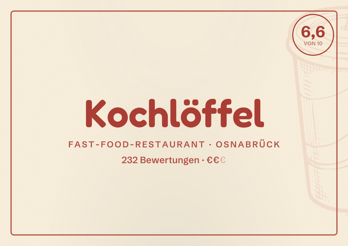 Illustriertes Poster von Kochlöffel, Fast-Food-Restaurant in Osnabrück: Bewertung 6,6 von 10 aus 232 Bewertungen, Preisniveau €€