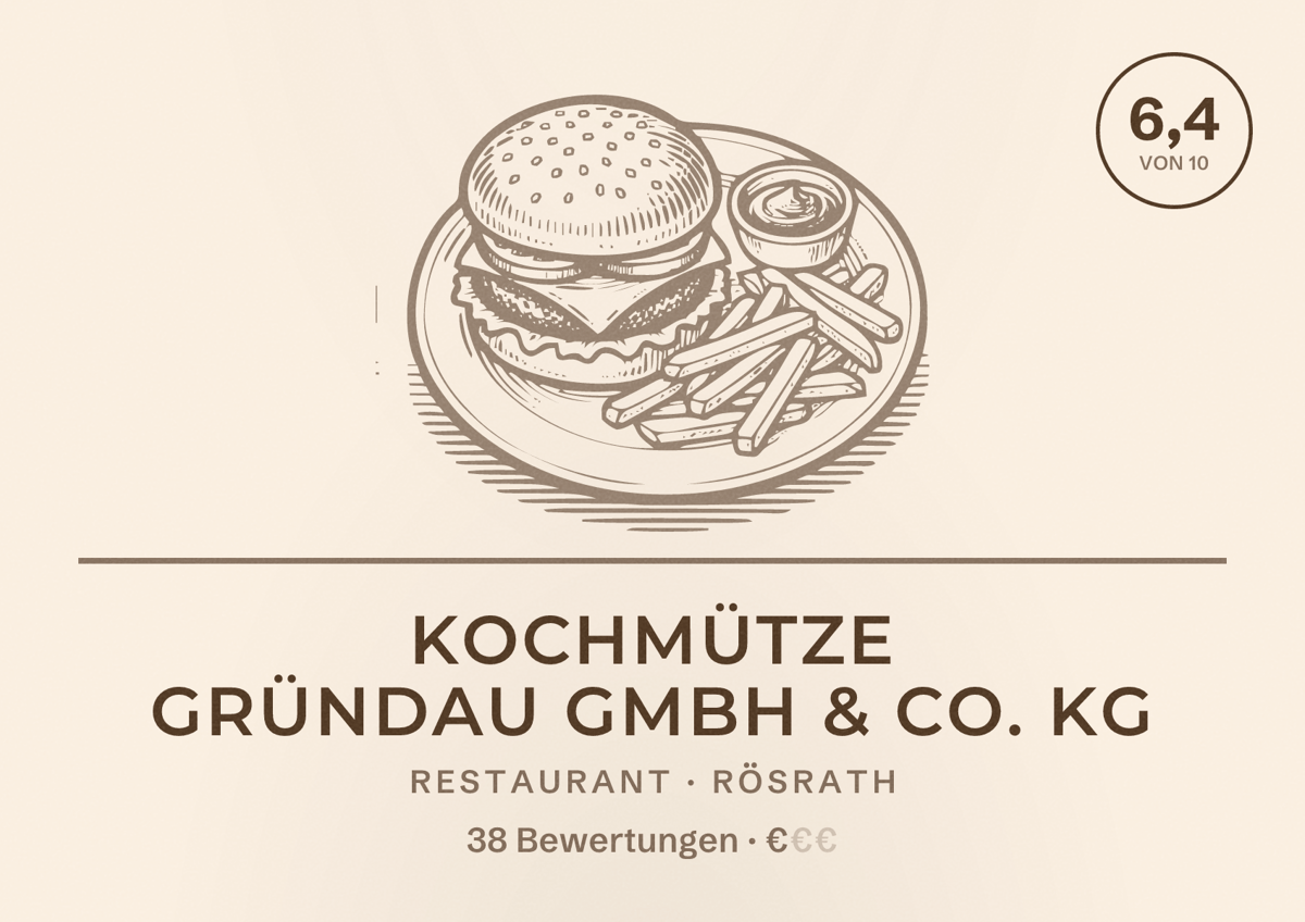 Illustriertes Poster von Kochmütze Gründau GmbH & Co. KG, Restaurant in Rösrath: Bewertung 6,4 von 10 aus 38 Bewertungen, Preisniveau €
