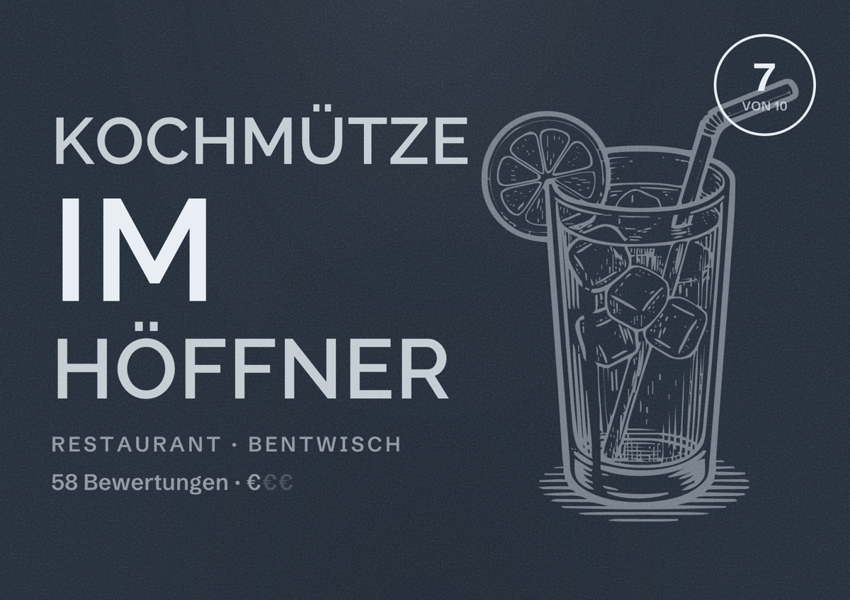 Illustriertes Poster von Kochmütze im Höffner, Restaurant in Bentwisch: Bewertung 7 von 10 aus 58 Bewertungen, Preisniveau €