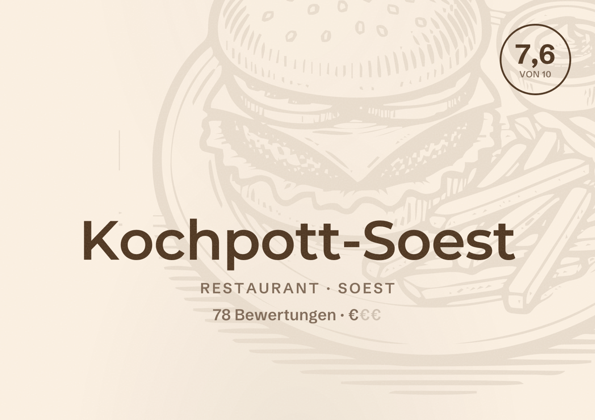 Illustriertes Poster von Kochpott-Soest, Restaurant in Soest: Bewertung 7,6 von 10 aus 78 Bewertungen, Preisniveau €