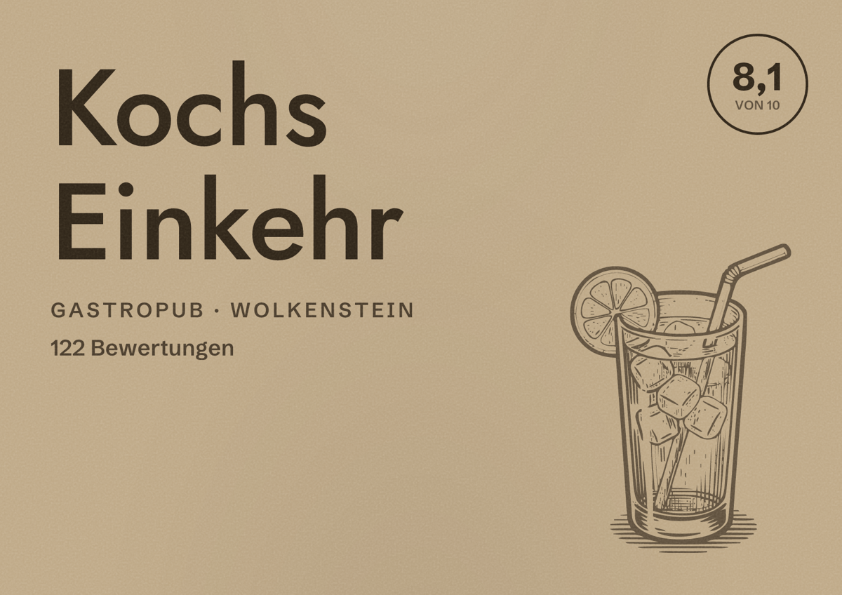 Illustriertes Poster von Kochs Einkehr, Gastropub in Wolkenstein: Bewertung 8,1 von 10 aus 122 Bewertungen