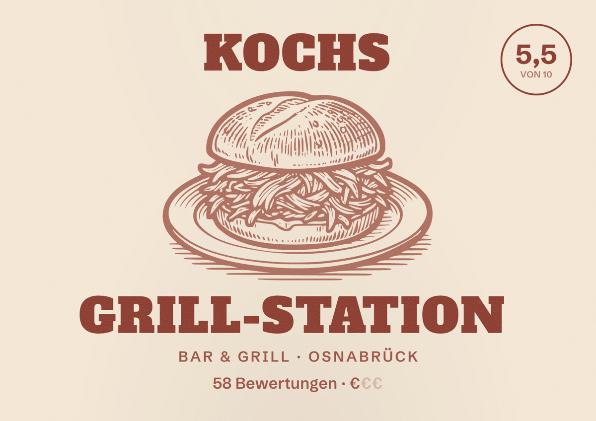 Illustriertes Poster von Kochs Grill-Station, Bar & Grill in Osnabrück: Bewertung 5,5 von 10 aus 58 Bewertungen, Preisniveau €