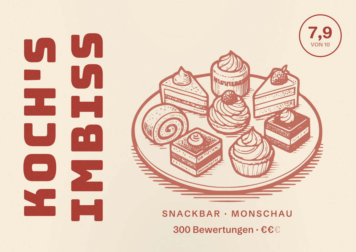Illustriertes Poster von Koch's Imbiss, Snackbar in Monschau: Bewertung 7,9 von 10 aus 300 Bewertungen, Preisniveau €€